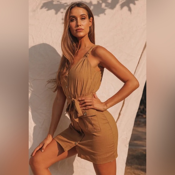 NWT Lulu’s  Meant for Greatness Tan Button-Front Mini Dress, Size M - Picture 3 of 15